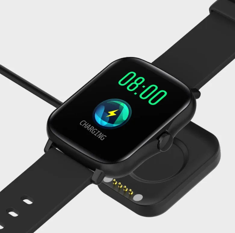 Black smart watch with 1.7-inch colour touch screen on an adjustable strap, showing fitness data interface.