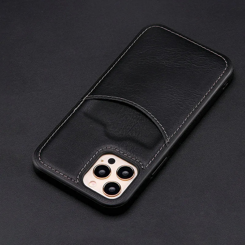 Dark blue PU leather protective case for an iPhone, showing precise model fit.