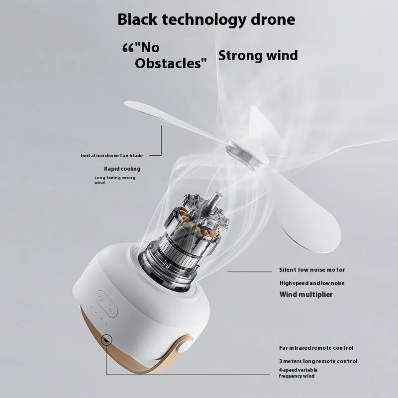 Small rechargeable ceiling fan with remote control for camping tents showing Type-C charging port and mounting strap