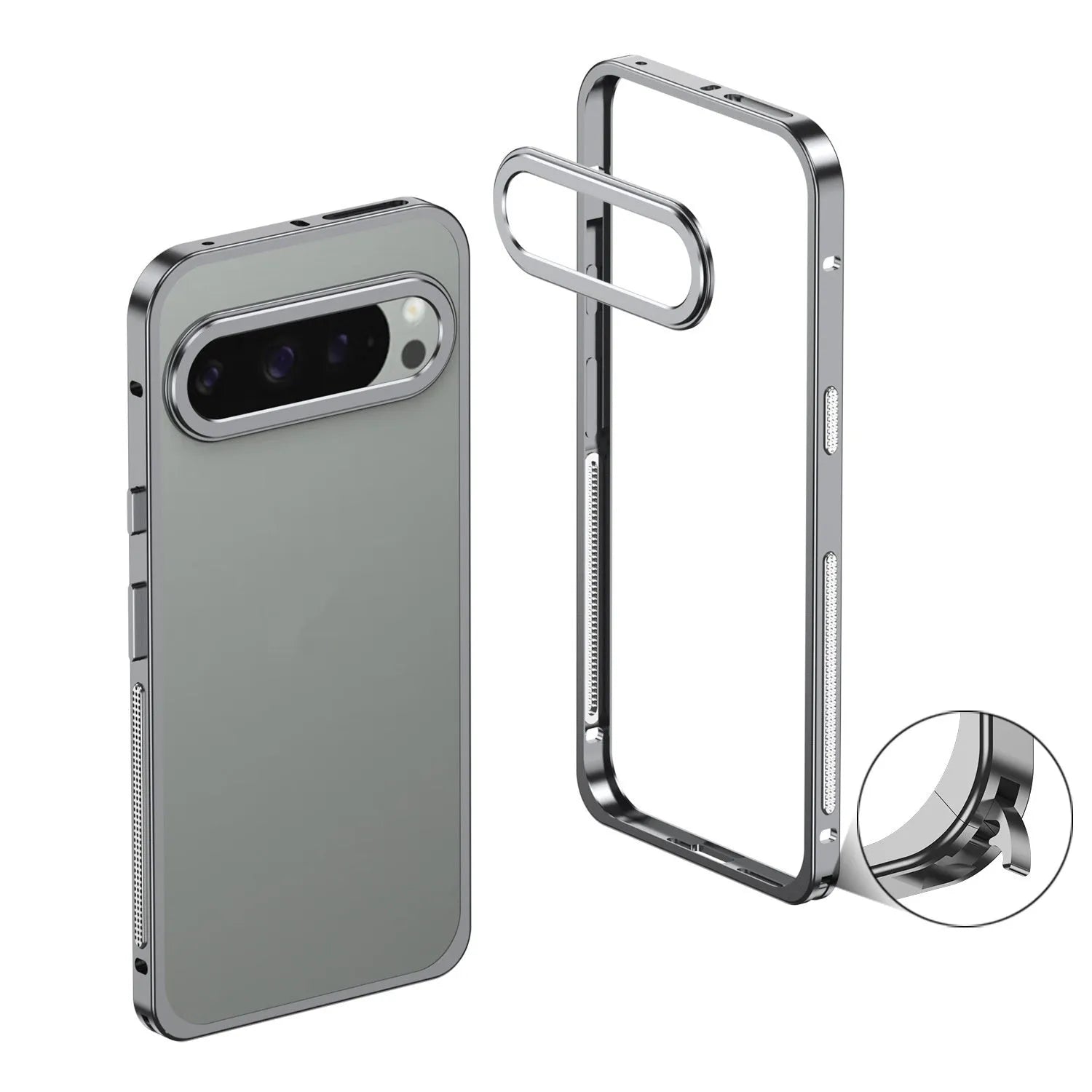Aluminium alloy heat dissipation phone case for Google Pixel 9 Pro XL smartphone in black colour with separate lens case