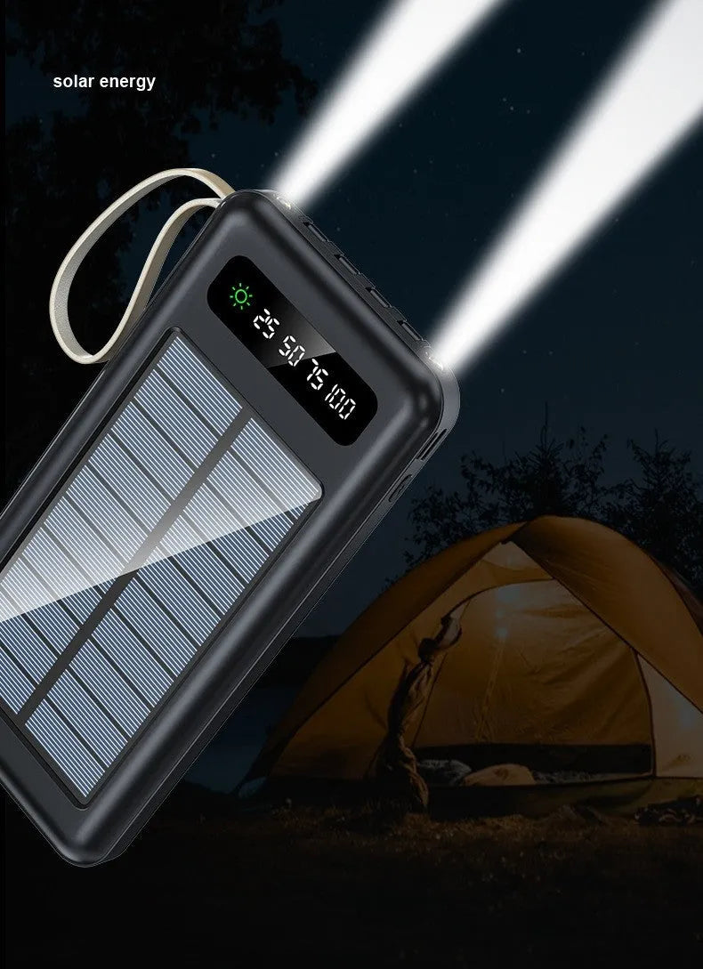 Cool black and ivory white solar power bank showing front display and solar panel.