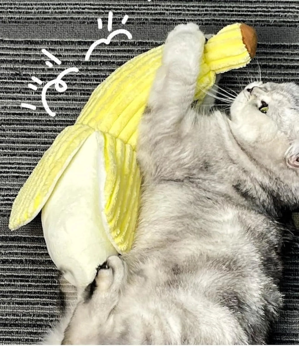 Yellow banana-shaped cat chew toy with plush fabric and crinkle sound feature