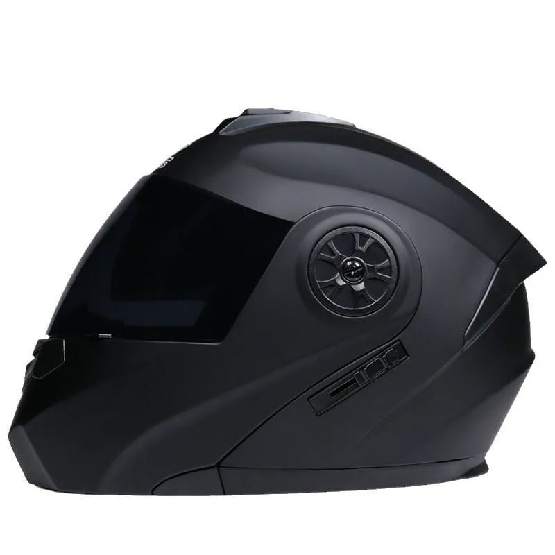 Matte black full face motorcycle helmet with ABS construction showing visor detail