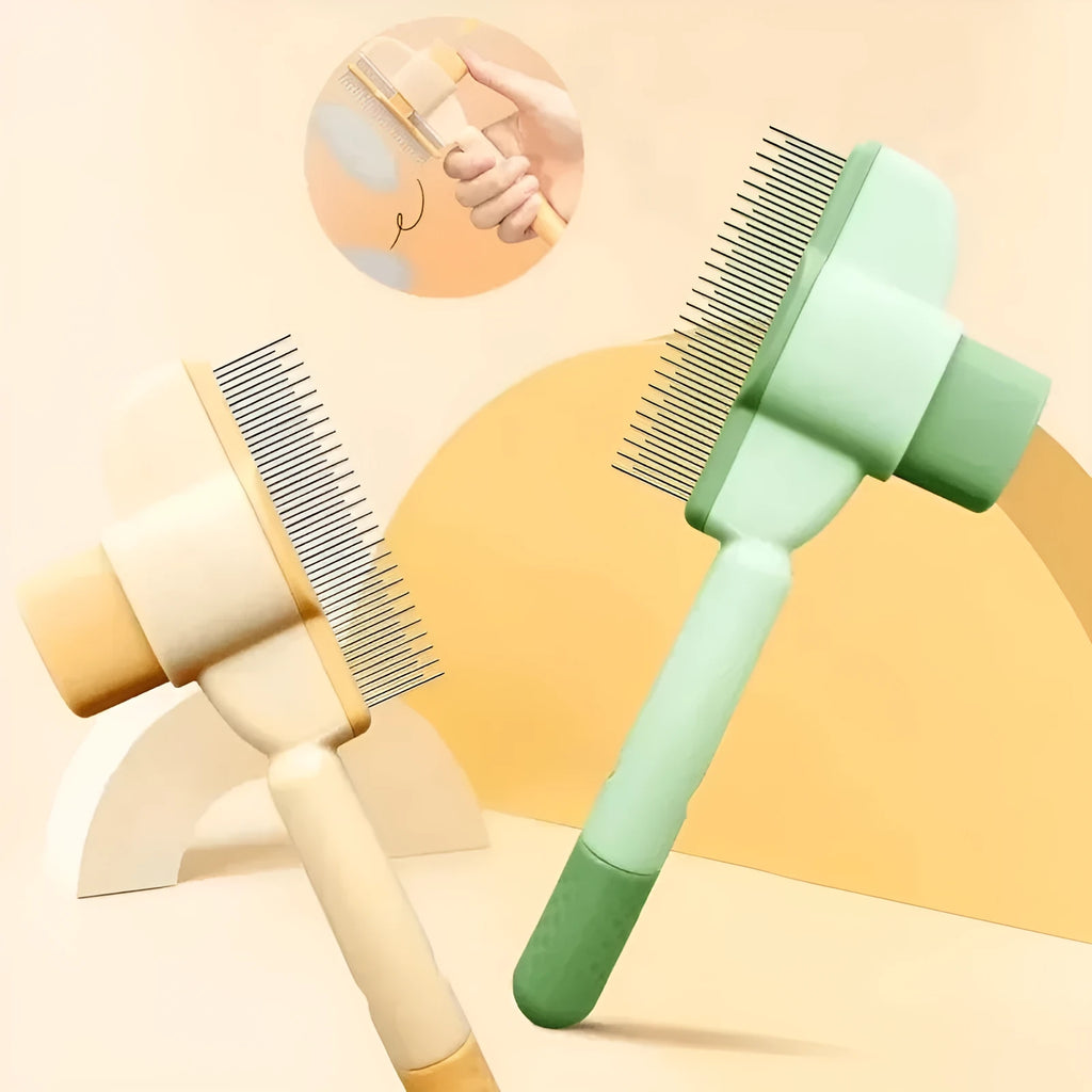 Green and yellow dog grooming brush with one-click hair removal mechanism and pressure adjustment