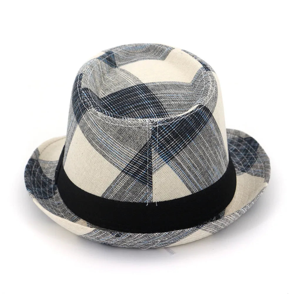 A blue and black unisex sun-proof straw hat with a bell crown for outdoor travel.