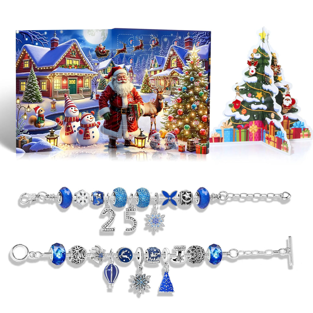 Zinc alloy Christmas advent calendar countdown set with bracelet blind box in flip vertical blue finish