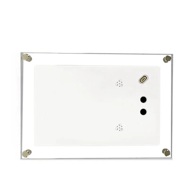 White acrylic digital picture frame with 5 inch vertical screen on a table