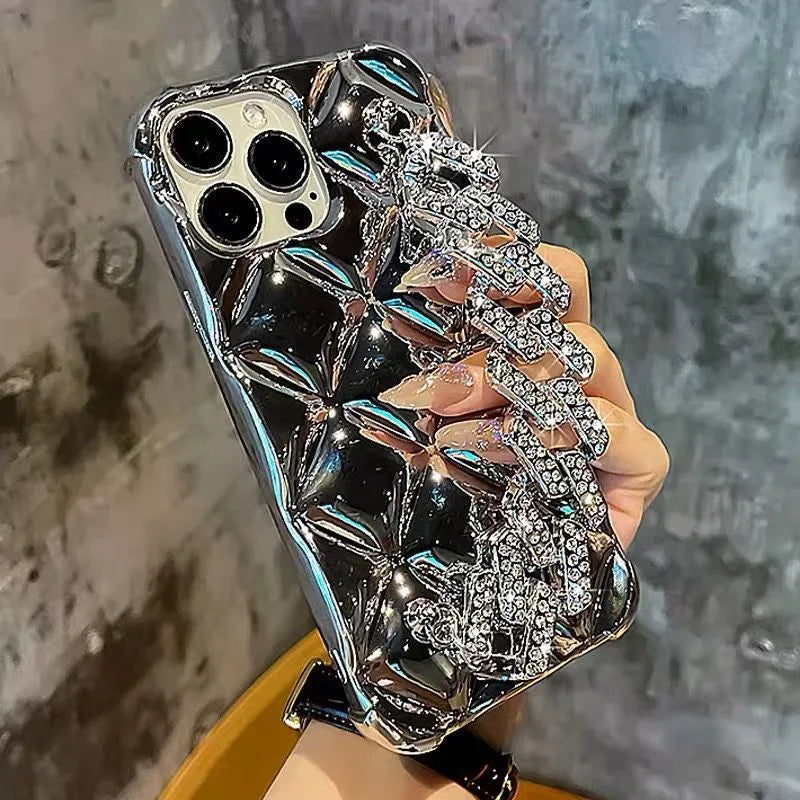 iPhone phone case with attached diamond bracelet chain in gold and silver plated rhombus designs