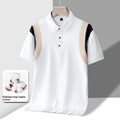 Men's grey striped cotton short-sleeve T-shirt with a business lapel, shown in a loose fit.