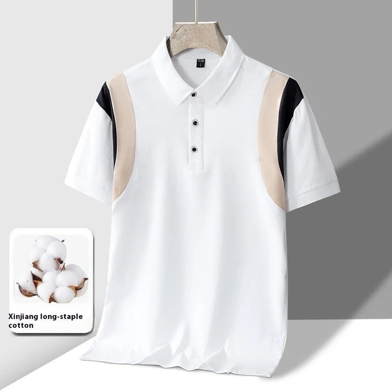 Men's grey striped cotton short-sleeve T-shirt with a business lapel, shown in a loose fit.