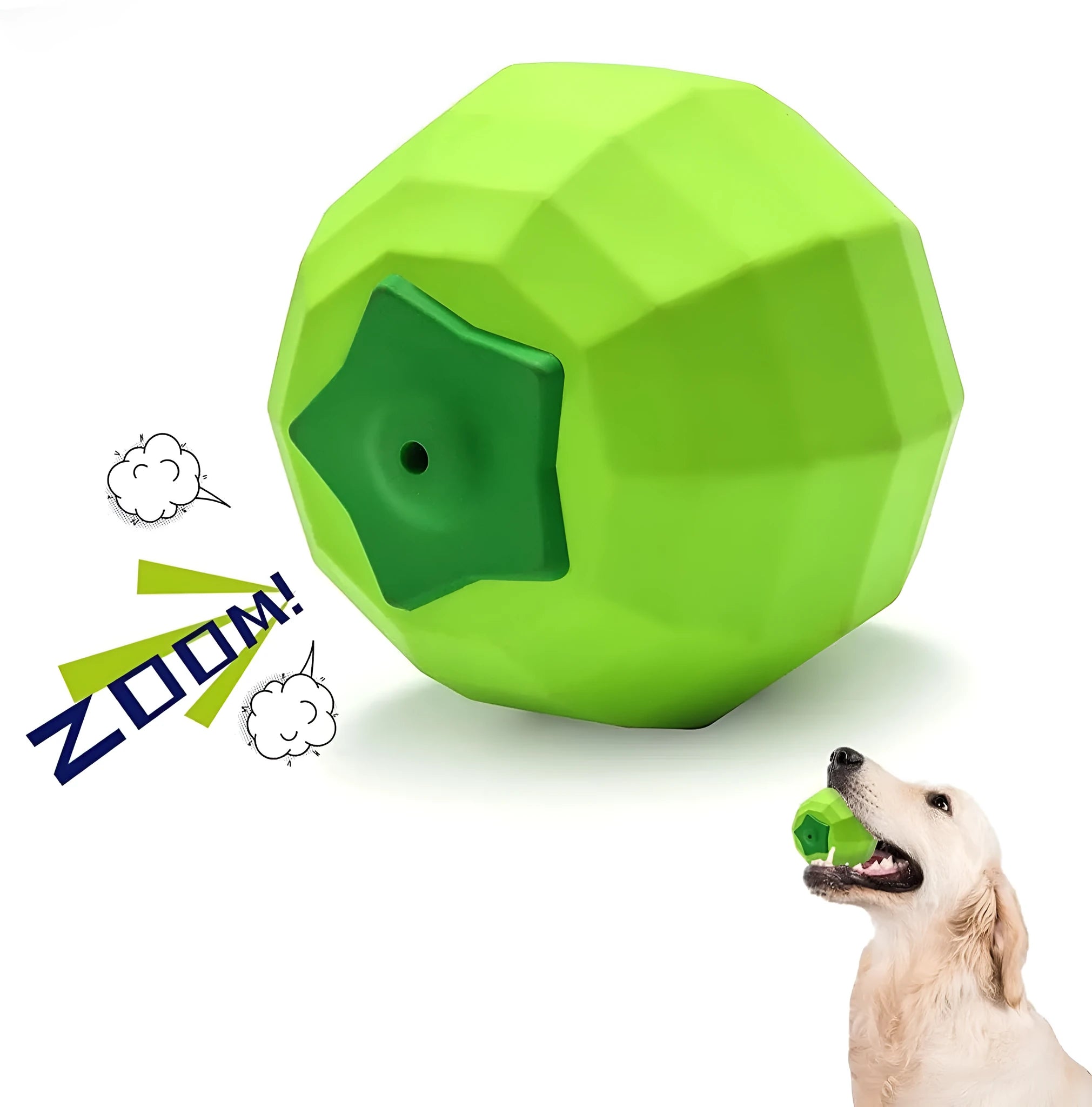 Green natural rubber squeaky ball dog chew toy for large breed dogs.