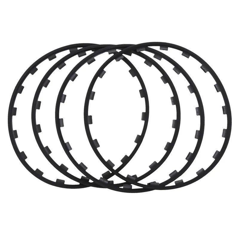 Set of four nylon wheel hub protection rings in multiple colours and sizes
