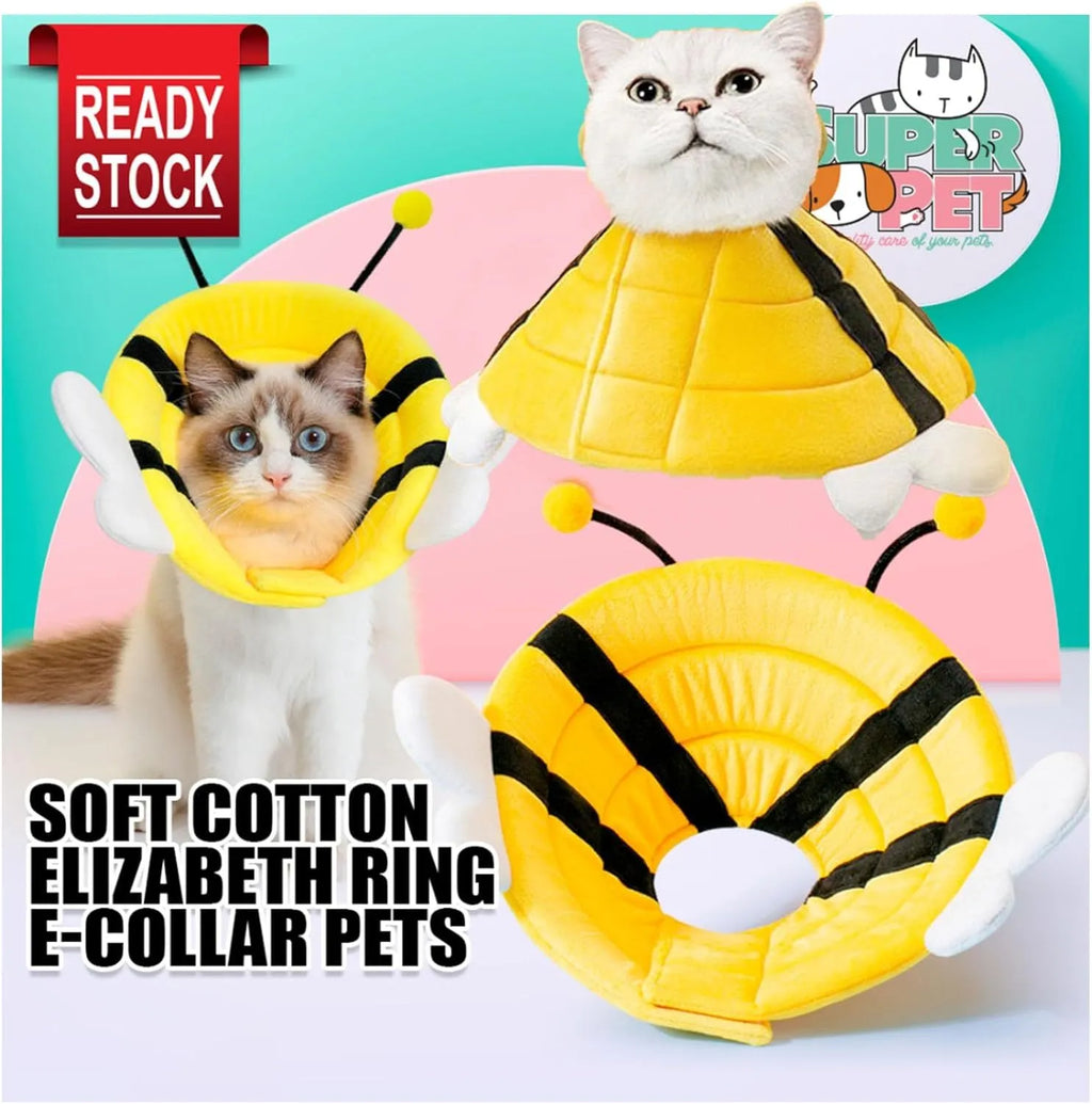 Soft bee design cat cone collar showing adjustable Velcro closure and protective shape