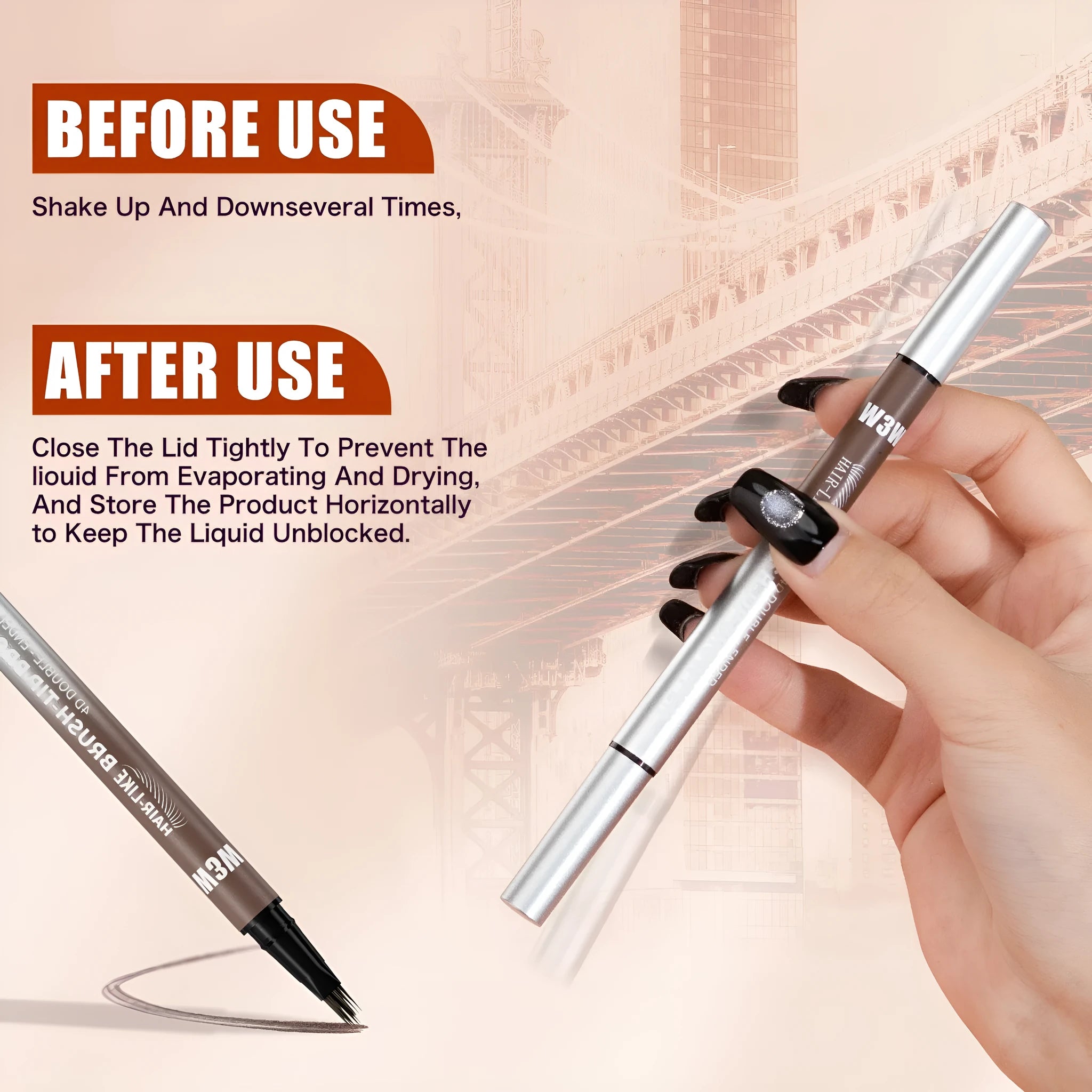 Waterproof sweat-proof smudge-proof double-ended eyebrow pencil with powder sponge in black colour