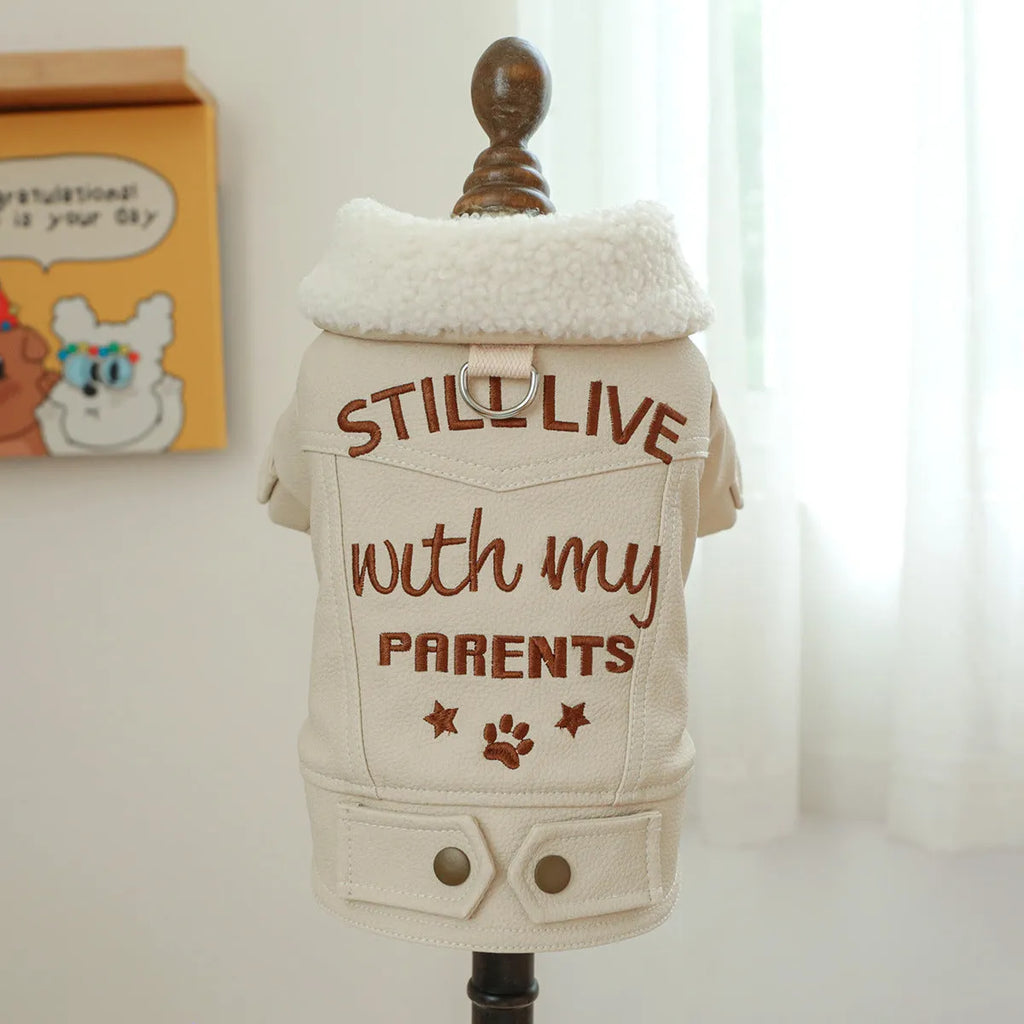 Large fur coat style dog jacket with fleece lining in black, beige or suede colours for winter warmth