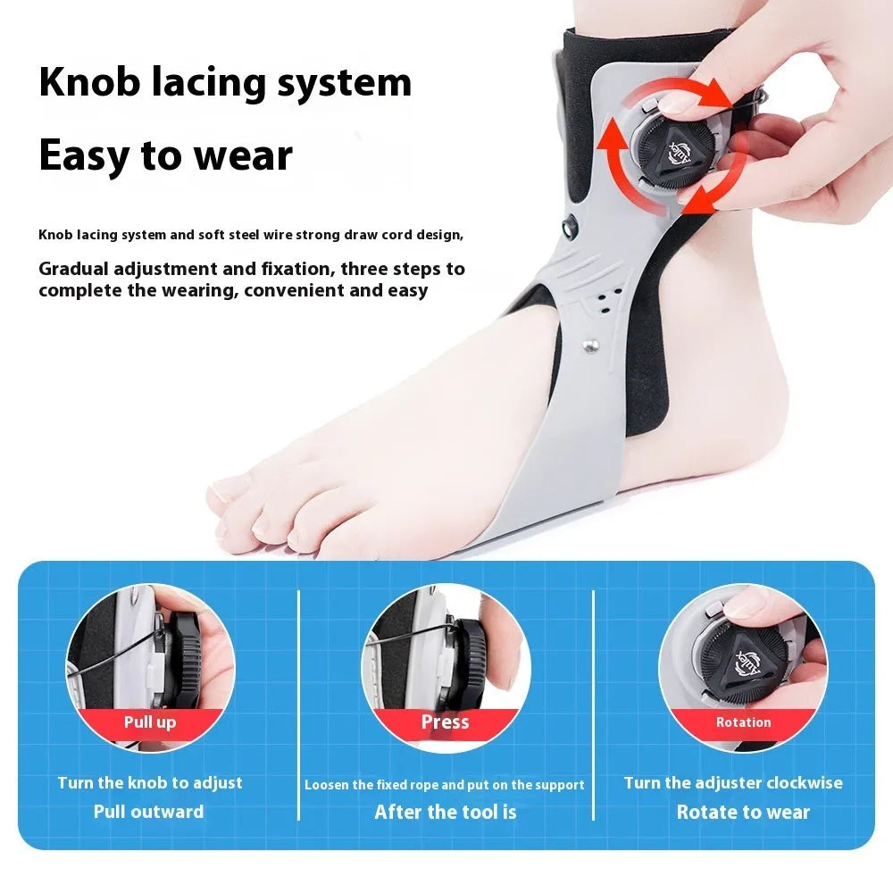 Adjustable airbag button ankle support brace shown in grey, with left and right foot sizing indicators.
