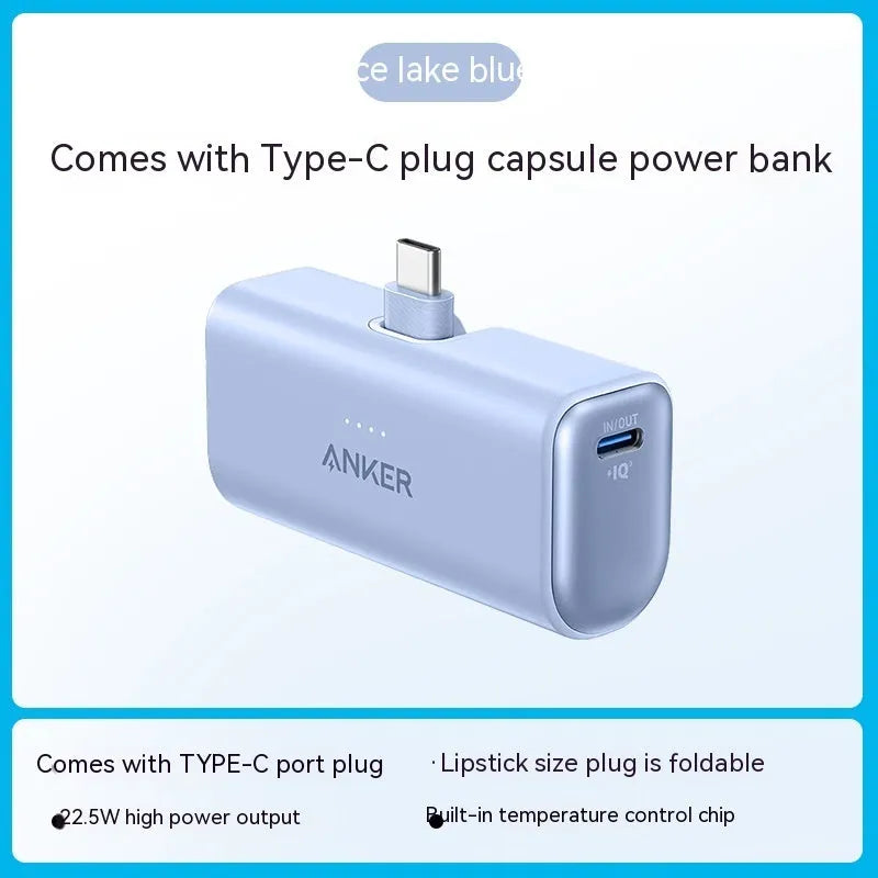 Small capsule power bank measuring 77x36x25mm with 5000mAh capacity in multiple colour options