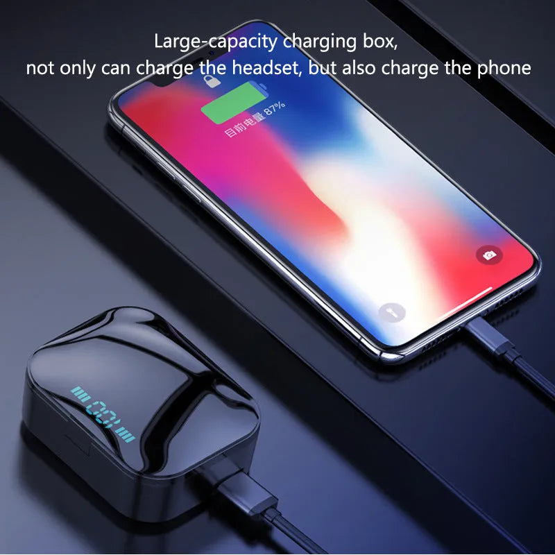 Black and white X7LED sports in-ear Bluetooth headphones with a USB charging case displayed open.