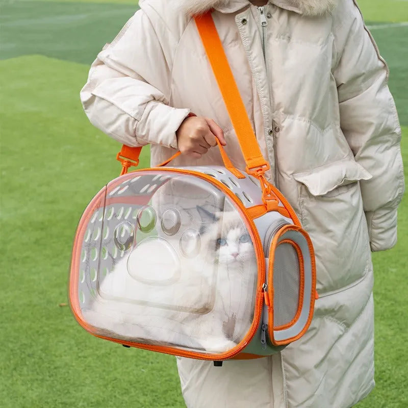 Large transparent hard EVA cat backpack carrier in grass green colour, showing spacious interior.