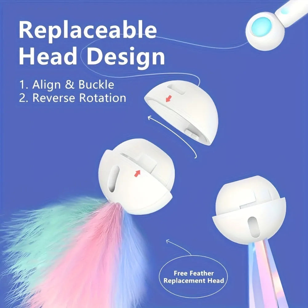 Retractable cat teaser stick with replacement feather head, 85g, available in blue or pink