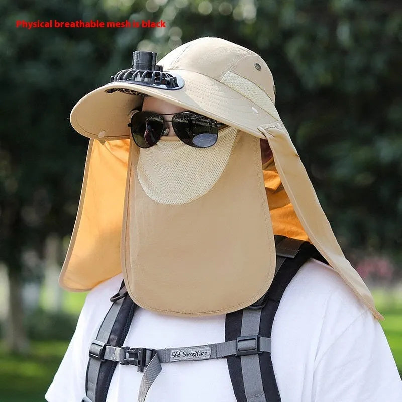 Men's sun protection hat with integrated USB fan and neck covering shawl in khaki colour