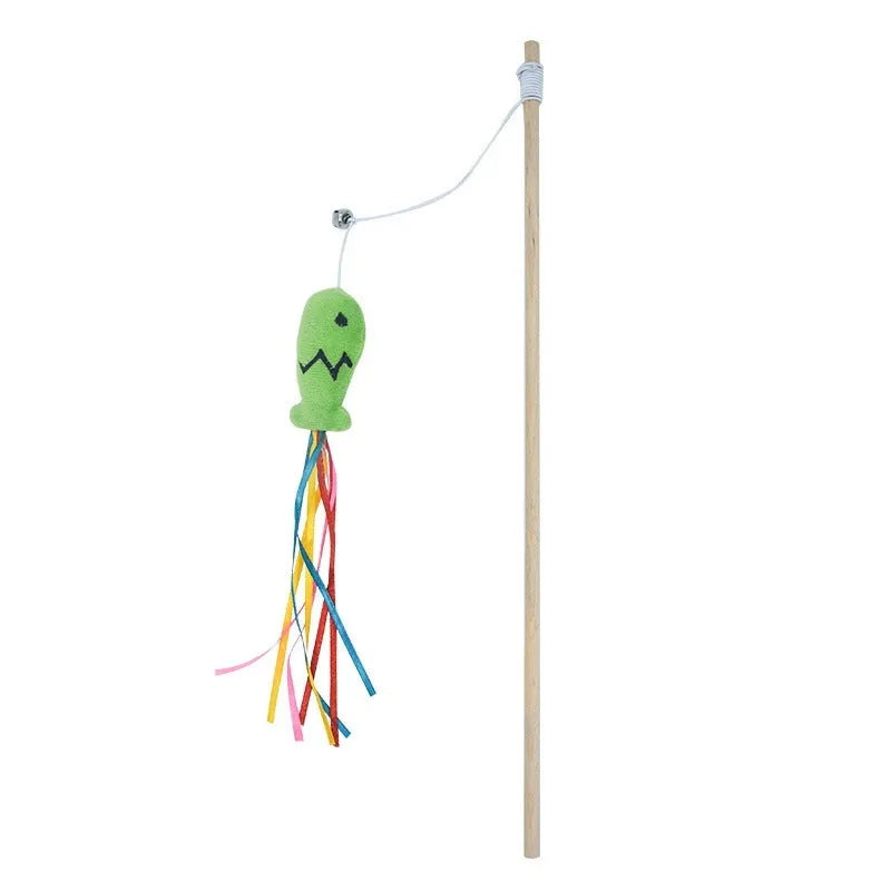Cat wand toy with wooden handle, elastic rope, catnip fish, colourful ribbons, and bell