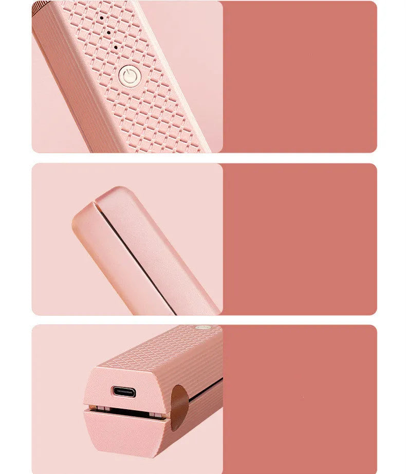 Pink and green cordless USB hair straightener and curling iron with ceramic plates.