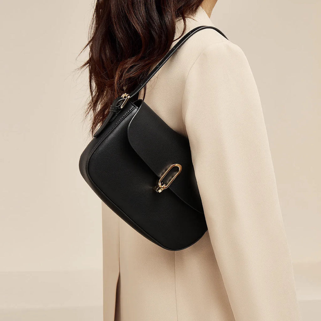 Black genuine leather square messenger bag with shoulder strap and lock detail