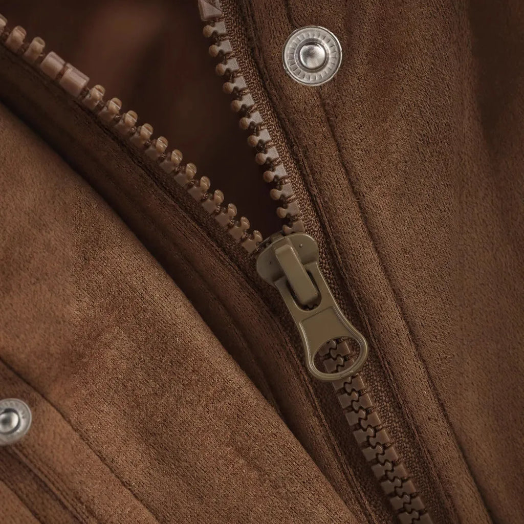 Suede jacket with pocket decoration in brown, loose long sleeve style