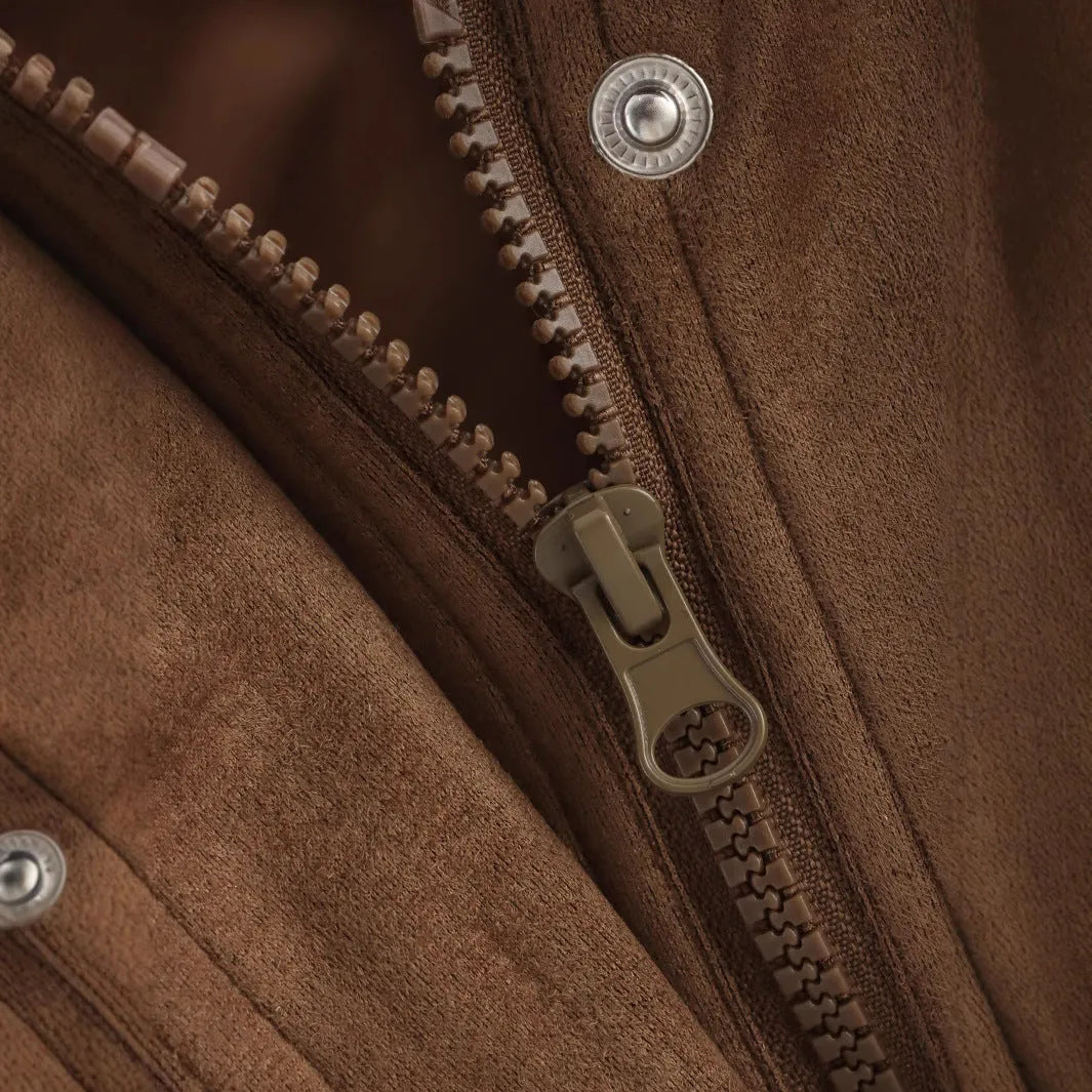 Suede jacket with pocket decoration in brown, loose long sleeve style