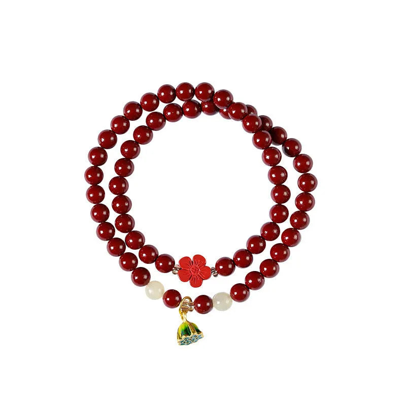Purple gold cinnabar beads double circle women's bracelet with hand-woven texture and lotus detailing