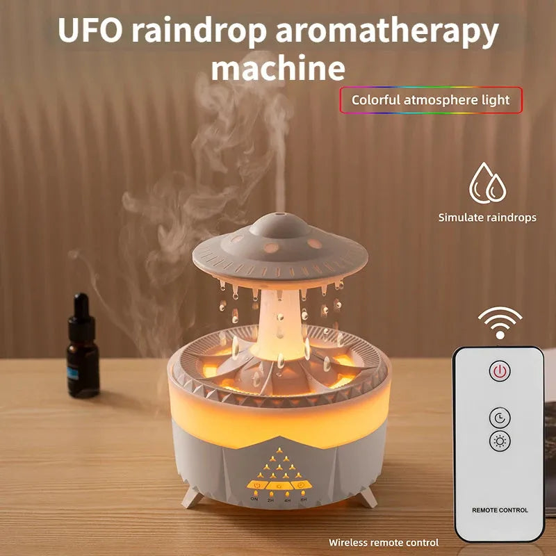 Cloud-shaped UFO raindrop humidifier with water drop sounds and night light