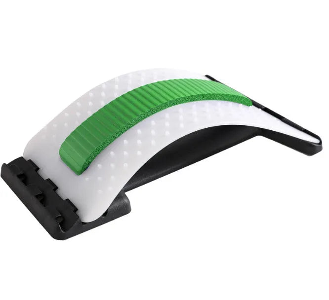 Adjustable back stretcher and waist massager with multiple massage heads in selectable colours.