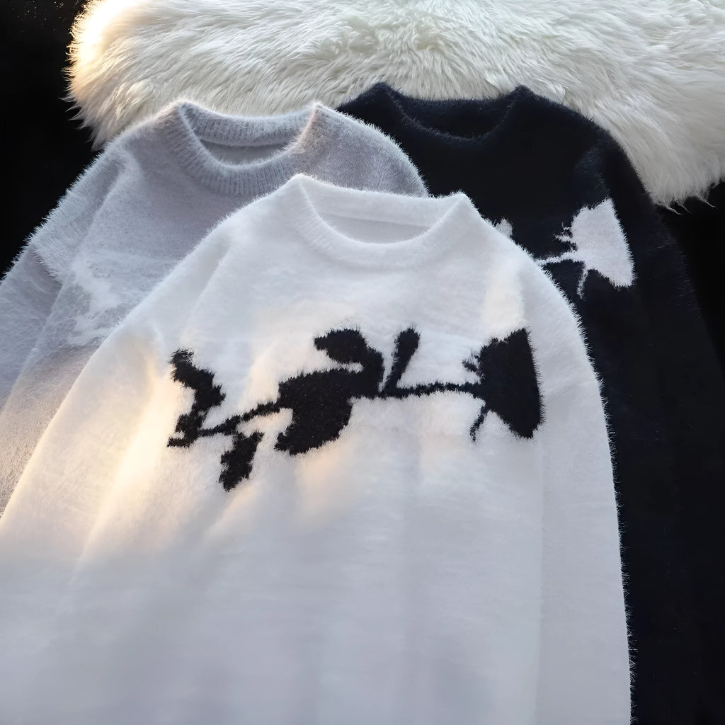 Men's grey pullover sweater with a dark rose flocking horse design on the chest.