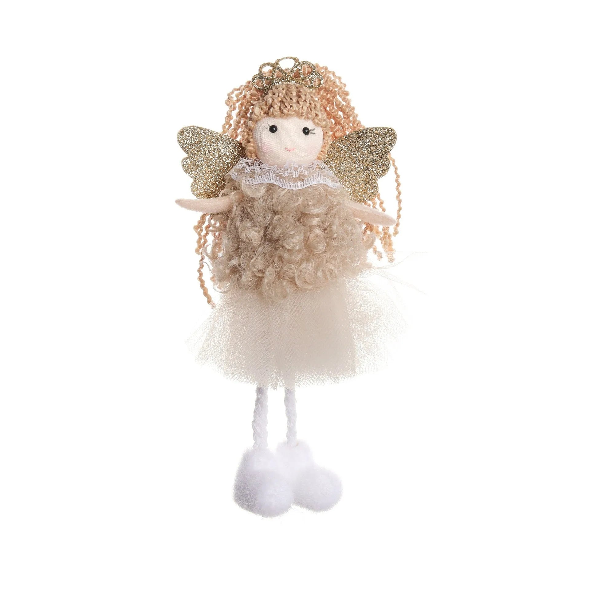 Cartoon angel Christmas fabric hair pendant clip on a ponytail, shown in white, pink, and khaki colours.