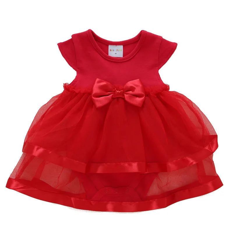 Korean-style red cotton pleated baby dress with matching shoes and large red flower hairband for a baby girl.