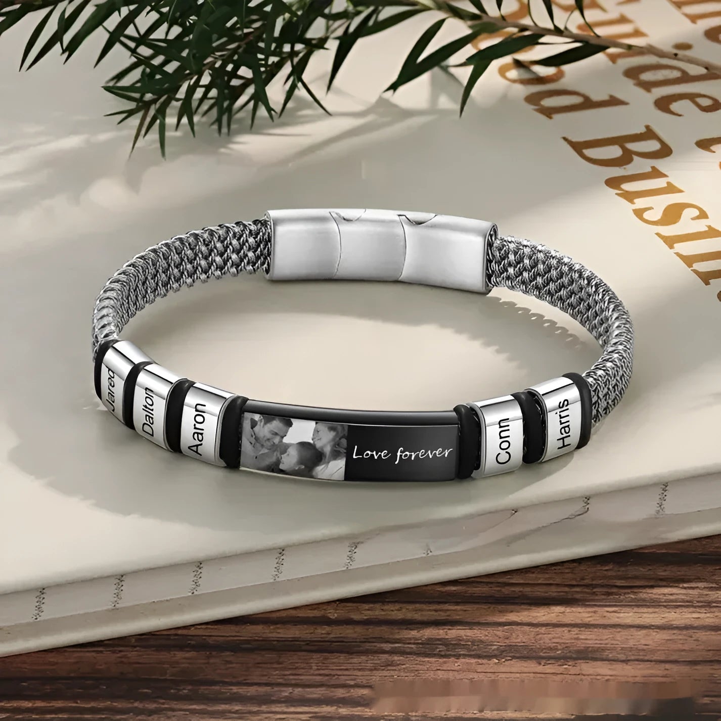 Titanium steel heart-shaped bracelet with leather rope and lettering beads