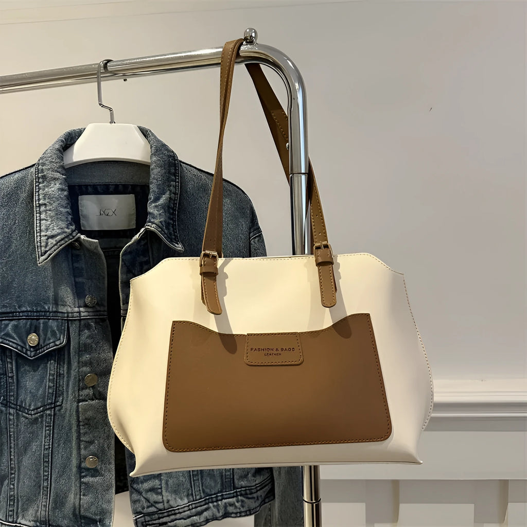 PU leather women's tote bag in horizontal square shape with double shoulder straps