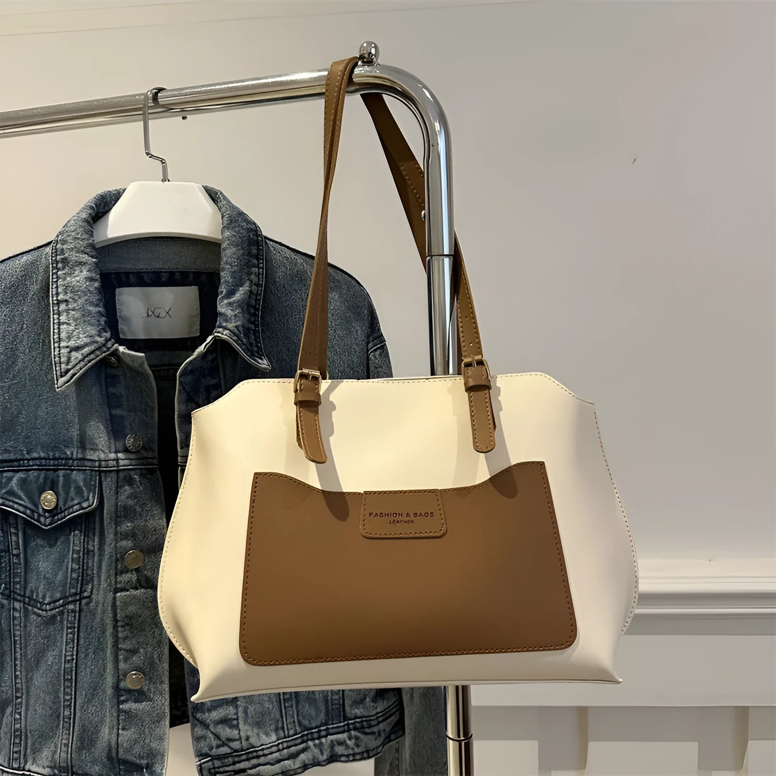 PU leather women's tote bag in horizontal square shape with double shoulder straps