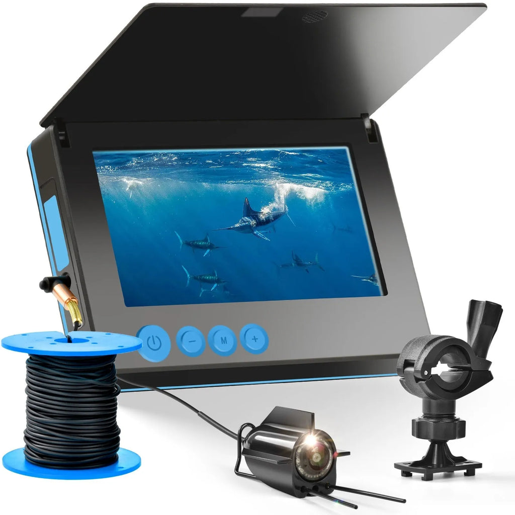 Underwater HD fish finder camera system with screen, featuring a wide-angle lens, night vision lights, and temperature sensor.