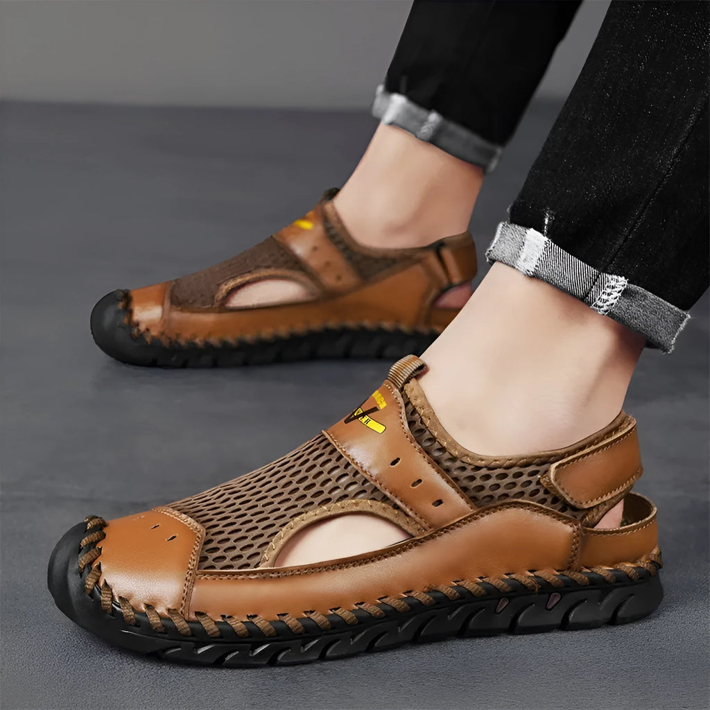 Men's brown genuine leather elastic band slip-on loafers with round toe and rubber sole