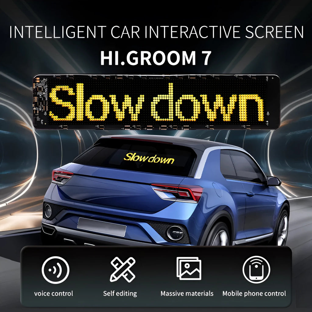 LED smart bumper sticker with 110mm by 492mm screen showing custom text display