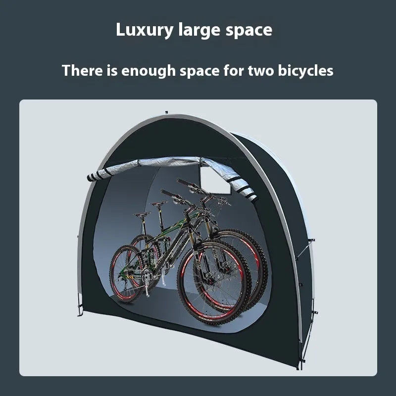 Large black outdoor bicycle storage tent with roof design, shown with dimensions 185x65x165cm.