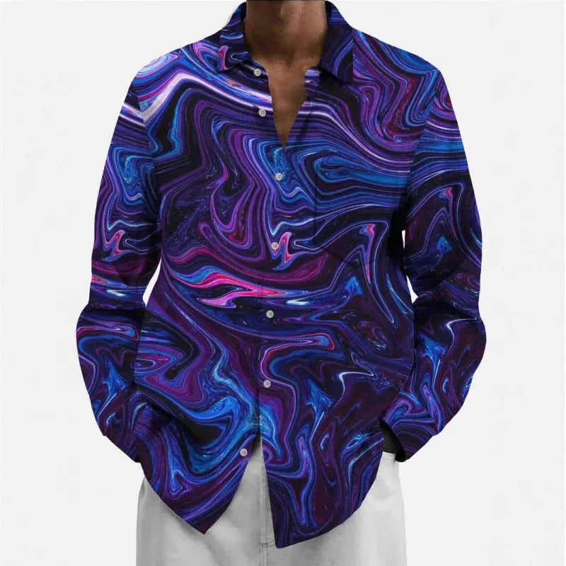 Men's multi-colour pattern long sleeve casual shirt with cardigan styling in elastic polyester fabric
