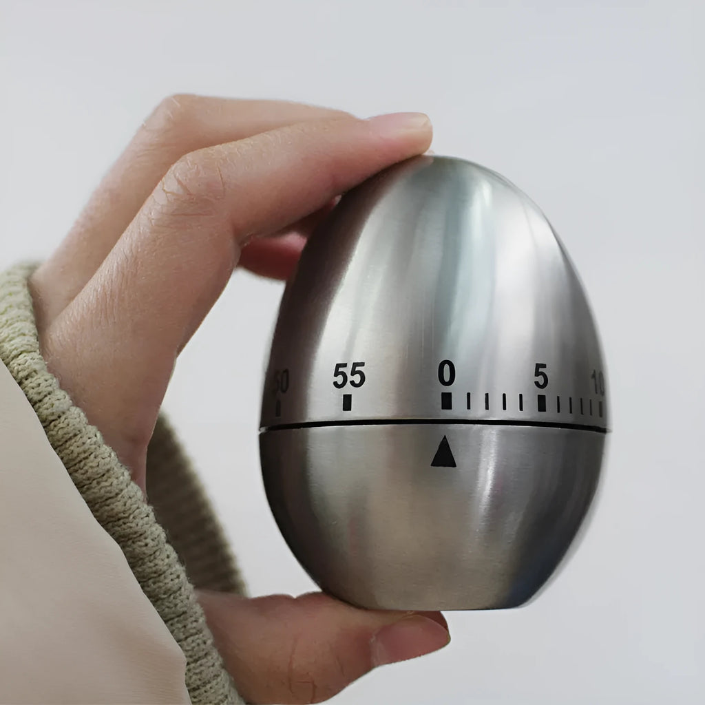 Stainless steel egg-shaped mechanical kitchen timer with manual dial.