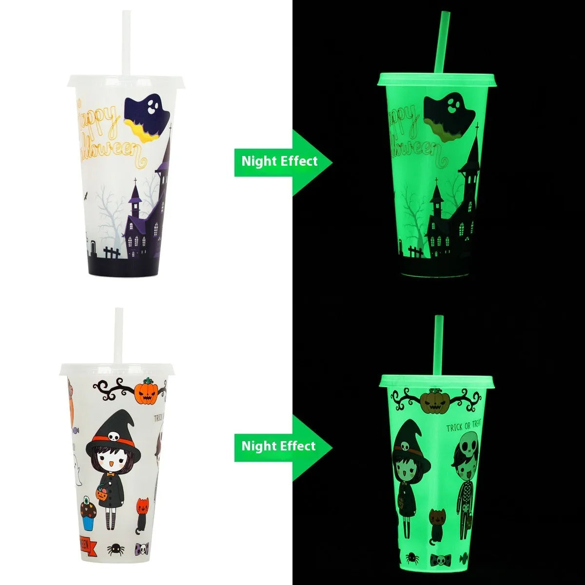 Halloween luminous straw cup 720ml PP plastic reusable coloured cylinder cup