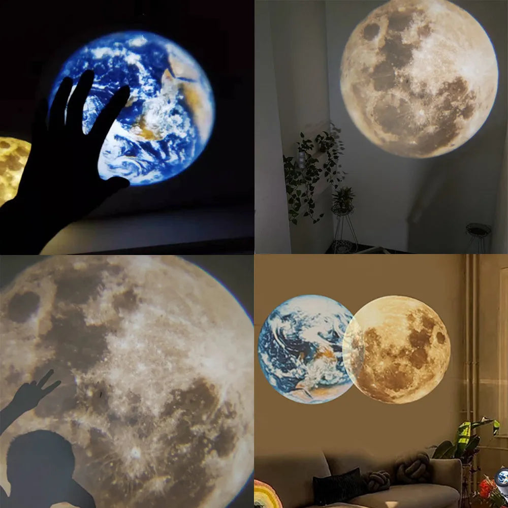 Star projector showing earth and moon projections with adjustable bracket and USB cable