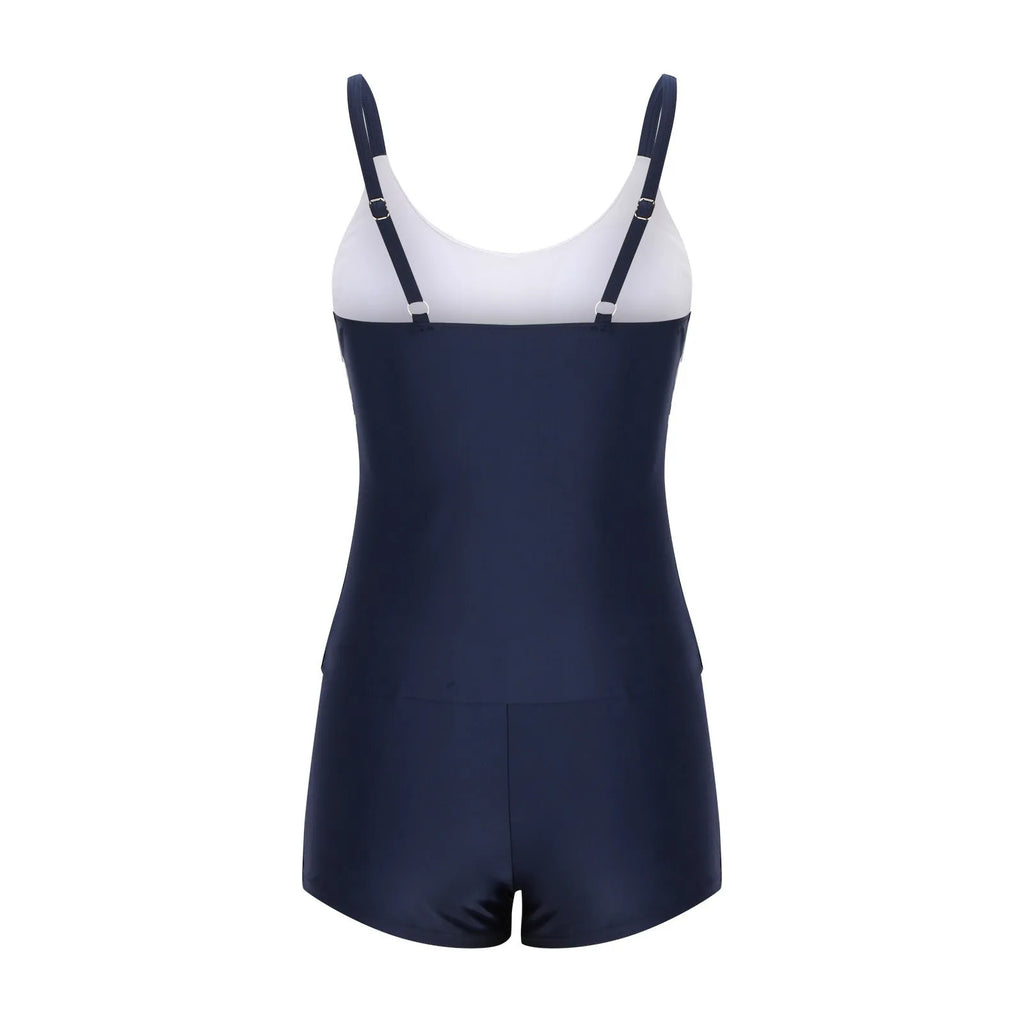 Ladies conservative stripe boyshort swimsuit in polyester fabric with boyshort-style bottom