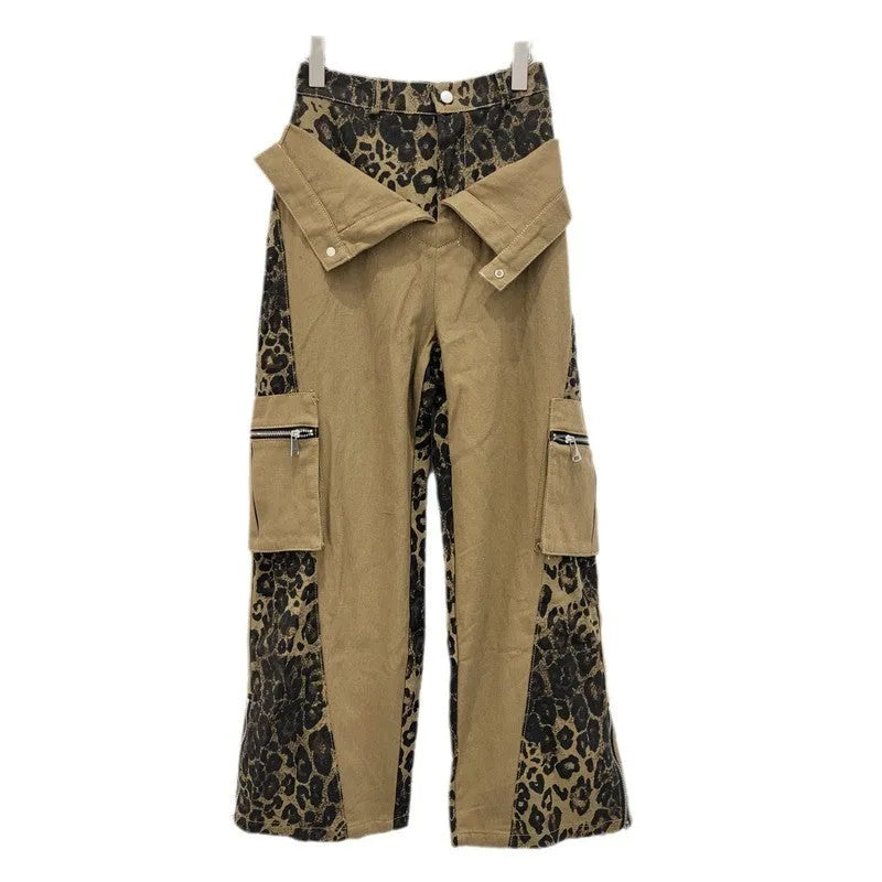 Women's dark khaki leopard print jeans with retro tooling style stitching and straight leg cut