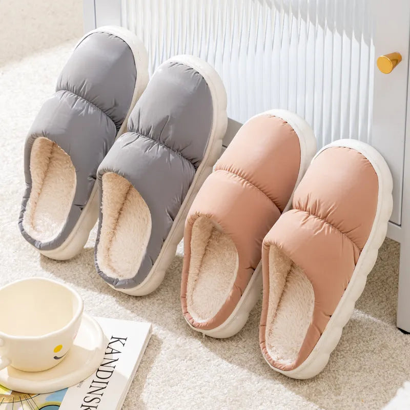 Down cotton slippers with artificial leather upper and rubber sole in blue colour